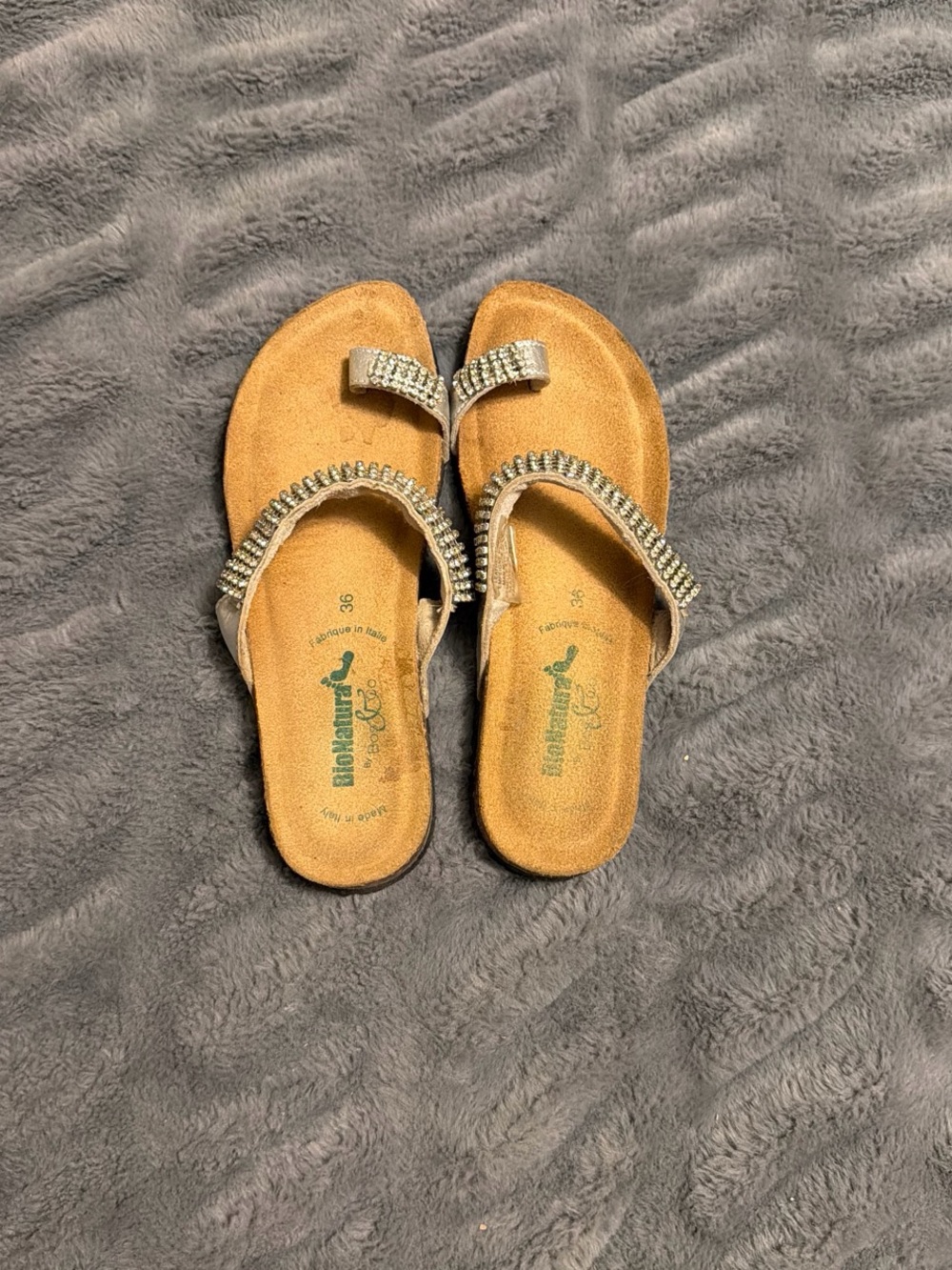 Embellished Tan Toe-Loop Sandals with Cushioned Footbed